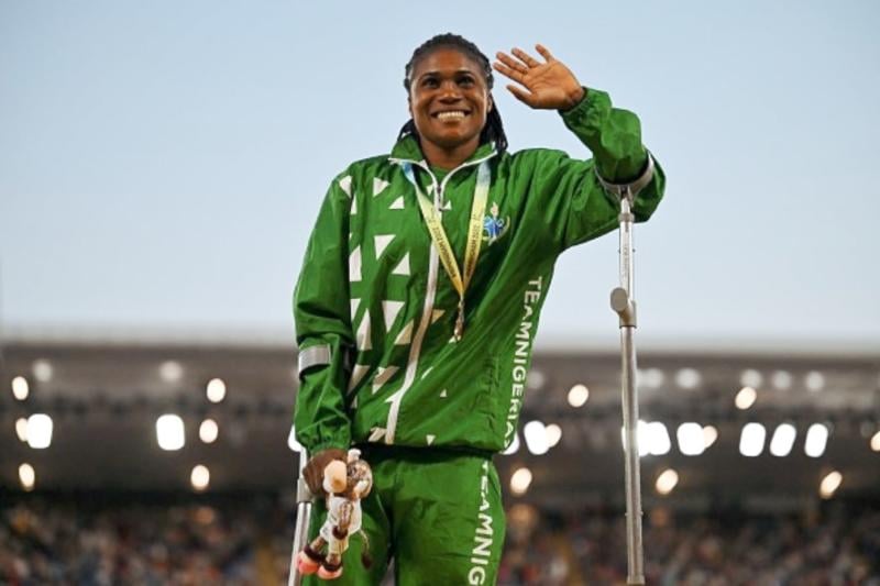 Nigeria's Goodness Chiemerie Nwachukwu celebrates on the podium Photo by BEN STANSALL-AFP via Getty Image